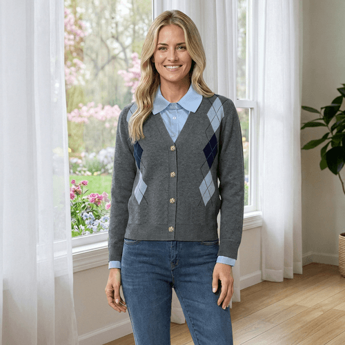 Womens Nanette Lepore Long Sleeve Argyle Two In One Sweater